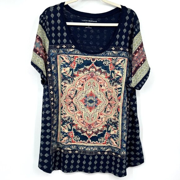 Lucky Brand Womens Persian Carpet T-Shirt Printed Short Sleeve Boho Tee Size 3X - Picture 1 of 10